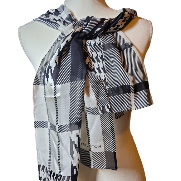 HALSTON Designer Silk Scarf Black White Geometric Plaid Houndstooth Pattern - Picture 2 of 5
